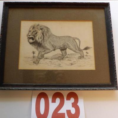 Pen and ink Spencerian folk art lion illustration. Signed ALF