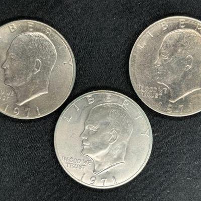 Three 1971 Eisenhower Silver Dollars
