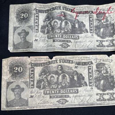 Two $20 Richmond Confederate States America Bills