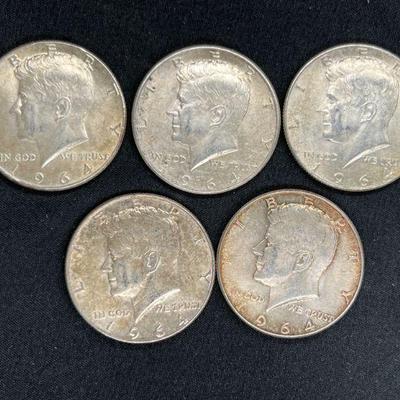 Five 1964 Kennedy Half Dollars