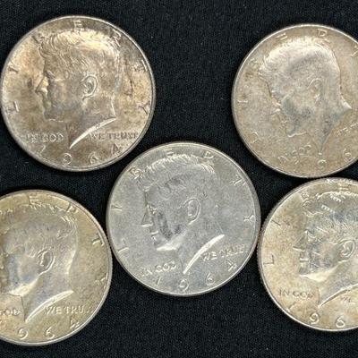 Five 1964 Kennedy Half Dollars