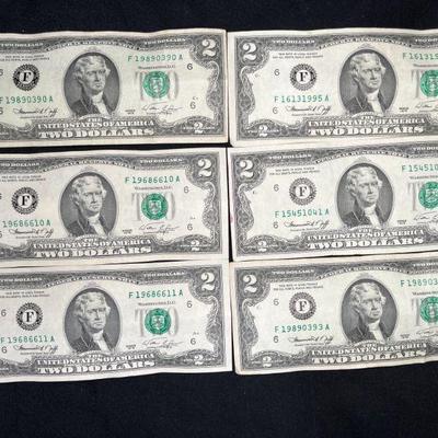 Six 1976 Two Dollar Bills