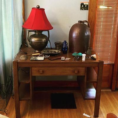 Arts and crafts table, lamp and ceramics