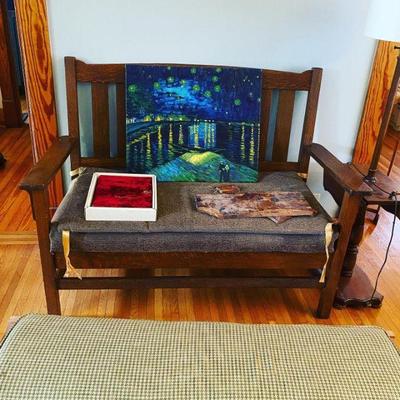 Arts and crafts loveseat and artwork