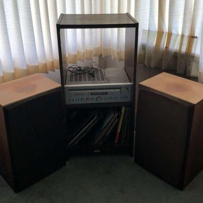 KVF023 Akai Stereo Receiver, Stereo Cabinet, Vinyl Records & Fisher Speakers
