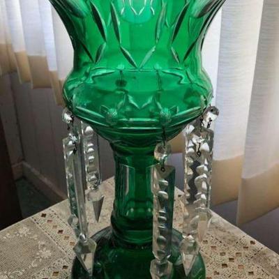 KVF014 Crystal Cut To Clear Green Candle Holder