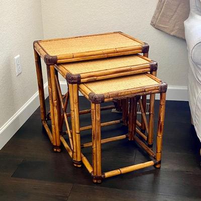 English 1920's Bamboo Nesting Table Set w/ Wrapped Corners, Cane Details and Beautifully Woven Top- this trio is a great space saving...