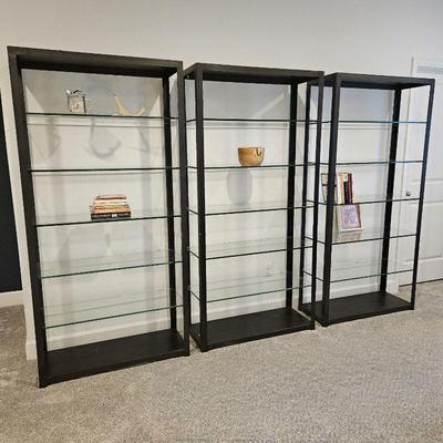 Room and Board Set of Three Glass Bookshelves with Black Metal Frame