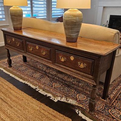  Circa 1850 English Console / Buffet Table Solid English Oak with Three Drawers and Original Hardware