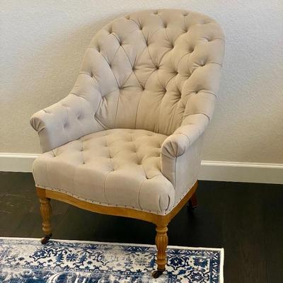 Restoration Hardware Vallette Chair- Elegant Sand Belgian Tufted Linen Armchair -#1