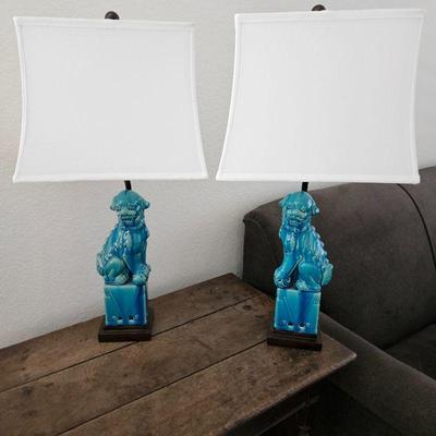 Set of Blue Foo Dog Ceramic Table Lamps