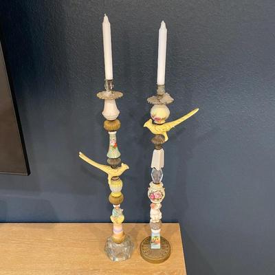Whimsical Set of Candle Sticks Artisan Made with Antique Salt & Pepper Shakers