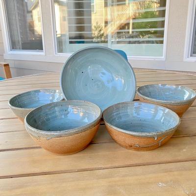 Rustic Hand-Thrown Studio Art Pottery 5pc. Bowl Set. Organic shape in Sage Green Glaze