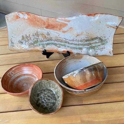 Hand Crafted Ceramic Studio Art Pottery Serving Set- Organic Shaped Cheese Tray & Bowls