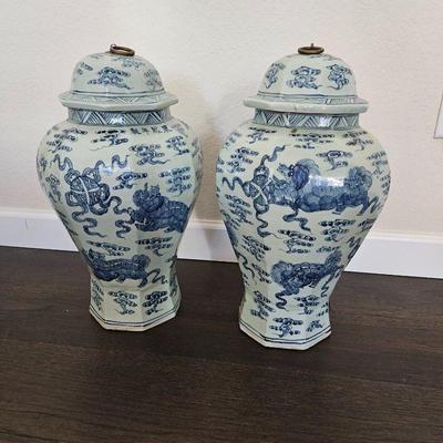 Pair of 19th Century Lidded Ginger Jars made in England in Asian Fashion