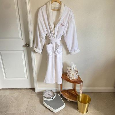 Beverly Hilton Robe ~ Waste Basket, Tissue Box, Scale & Teak Corner Stool