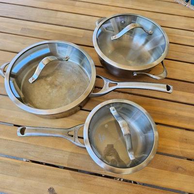 Set of Three Stainless Pots by Calphalon with Glass lids