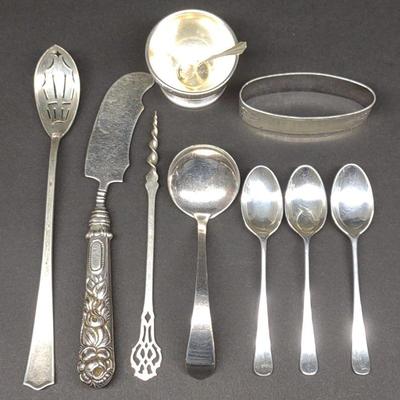 9 pc Sterling Silver Spoons, Butter Pick & More