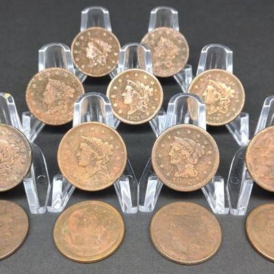 13 1800s Braided Hair One Cent Coins