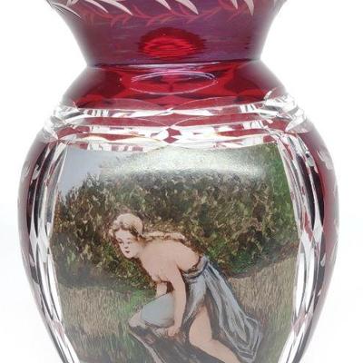 Bohemian Hand Painted Ruby Cut to Clear Vase