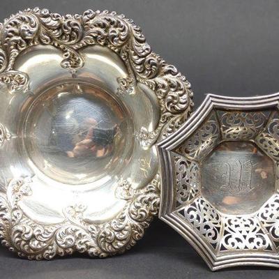 2 Sterling Silver Repousse & Open Work Nut Dishes
