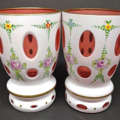 Pair of Bohemian Overlay Cut to Red Vases
