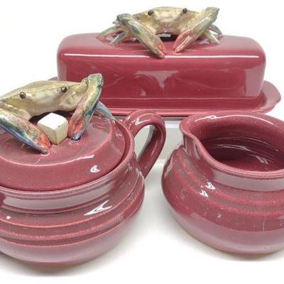 3 pc Signed Crab Pottery Studio Art Serveware
