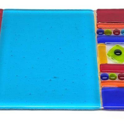 Signed Fused Art Glass Cheese Plate & Stirrer