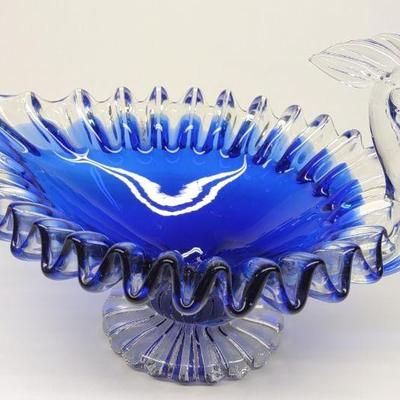 Ruffled Art Glass Peacock Bowl