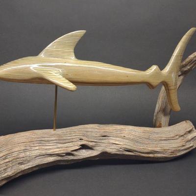 Signed Wood Carved Shark Sculpture on Driftwood