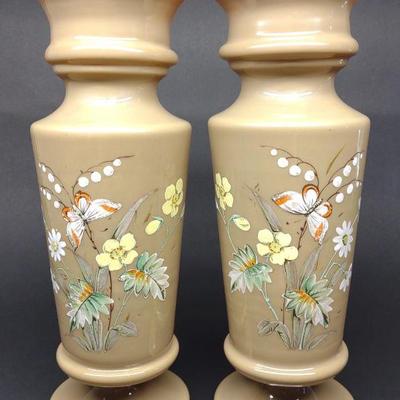 Pr of Antique Hand Painted Bristol Glass Vases