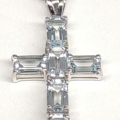 14K White Gold Aquamarine Cross Necklace