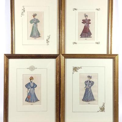 4 Antique Hand Colored Fashion Lithographs Framed