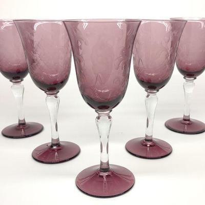 5 Handmade Amethyst Etched Wine Glasses