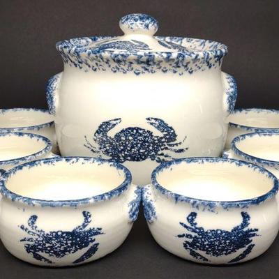 7 pc Blue & White Spongeware Crab Soup Set