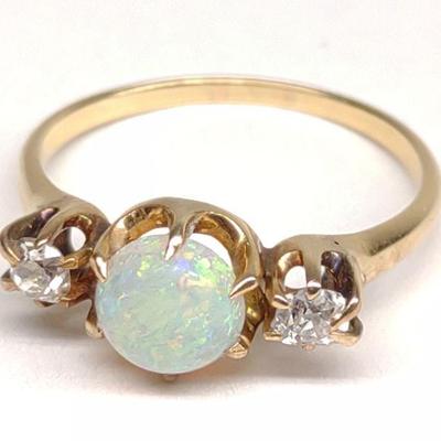 Antique 14K Mine Cut Diamond & Opal Ring (sz 6.75)