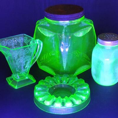 4 Uranium Glass Jar, Shaker, Creamer & Ashtray