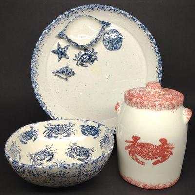 3 Ceramic Spongeware Crab Bowl, Tray & Jar