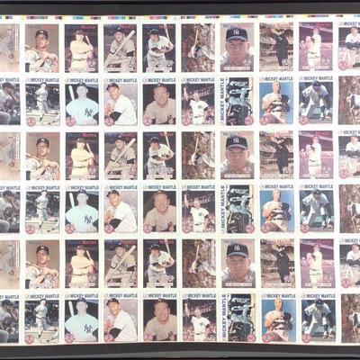 Uncut Mickey Mantle Baseball Card Sheet in Frame