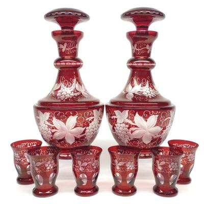 Bohemian Ruby Cut to Clear Decanter & Glass Set
