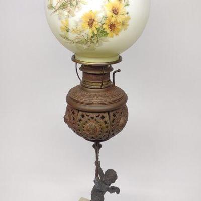 Victorian Brass & Marble Cherub Parlor Oil Lamp