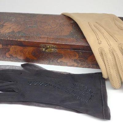 Flemish Pyrography Art Glove Box & Ladies Gloves