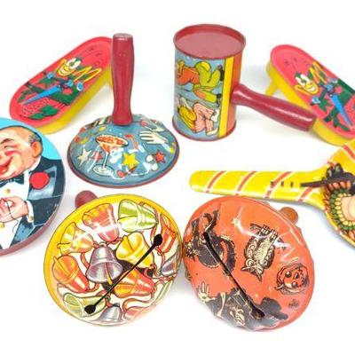 8 Tin Litho Noisemaker Toys
