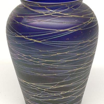 Durand Style Blue Threaded Art Glass Vase
