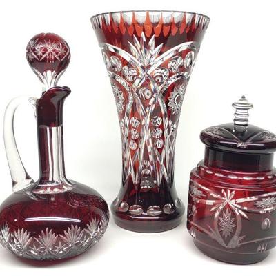 Ruby Cut To Clear Crystal Vase, Carafe, Candy Jar