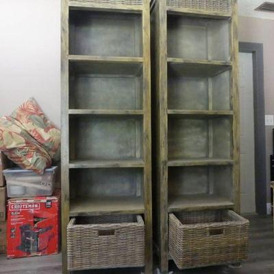 Solid Wood Pair of Bookcases with Wicker Drawers