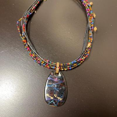Chicos Gold Tone Multi Color Glass Beads with Enamal Pendant