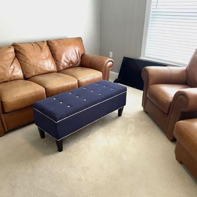 LEATHER SOFA, CHAIR AND OTTOMAN