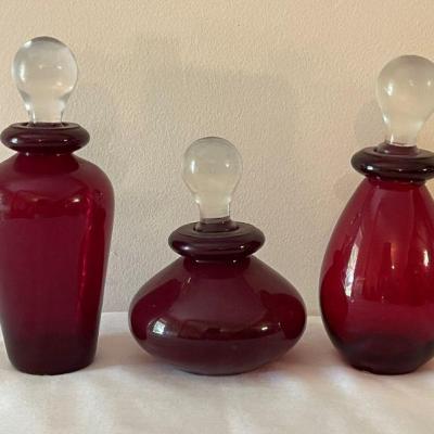3-Ruby Red blown glass decanters