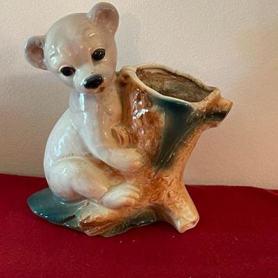 Vintage Royal Copley ceramic white bear cub on tree planter